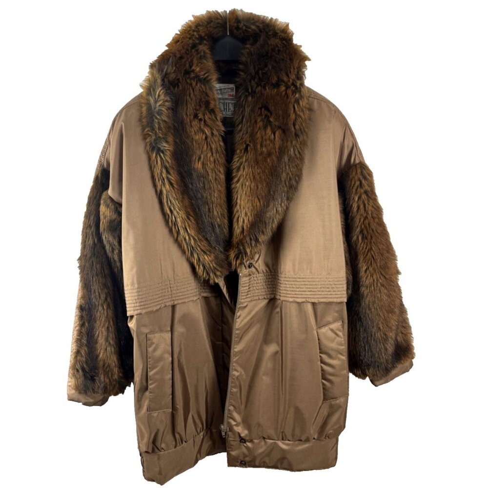 Vintage Nylon & Fur Winter Sachet Chocolate-Coloured Coat Women's Size M
